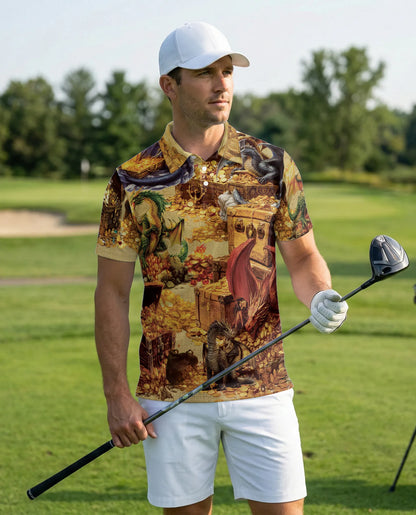 Dragon Treasure 3D Polo Shirt for Men, Fantasy Gold Hoard Style | Azhawaiian