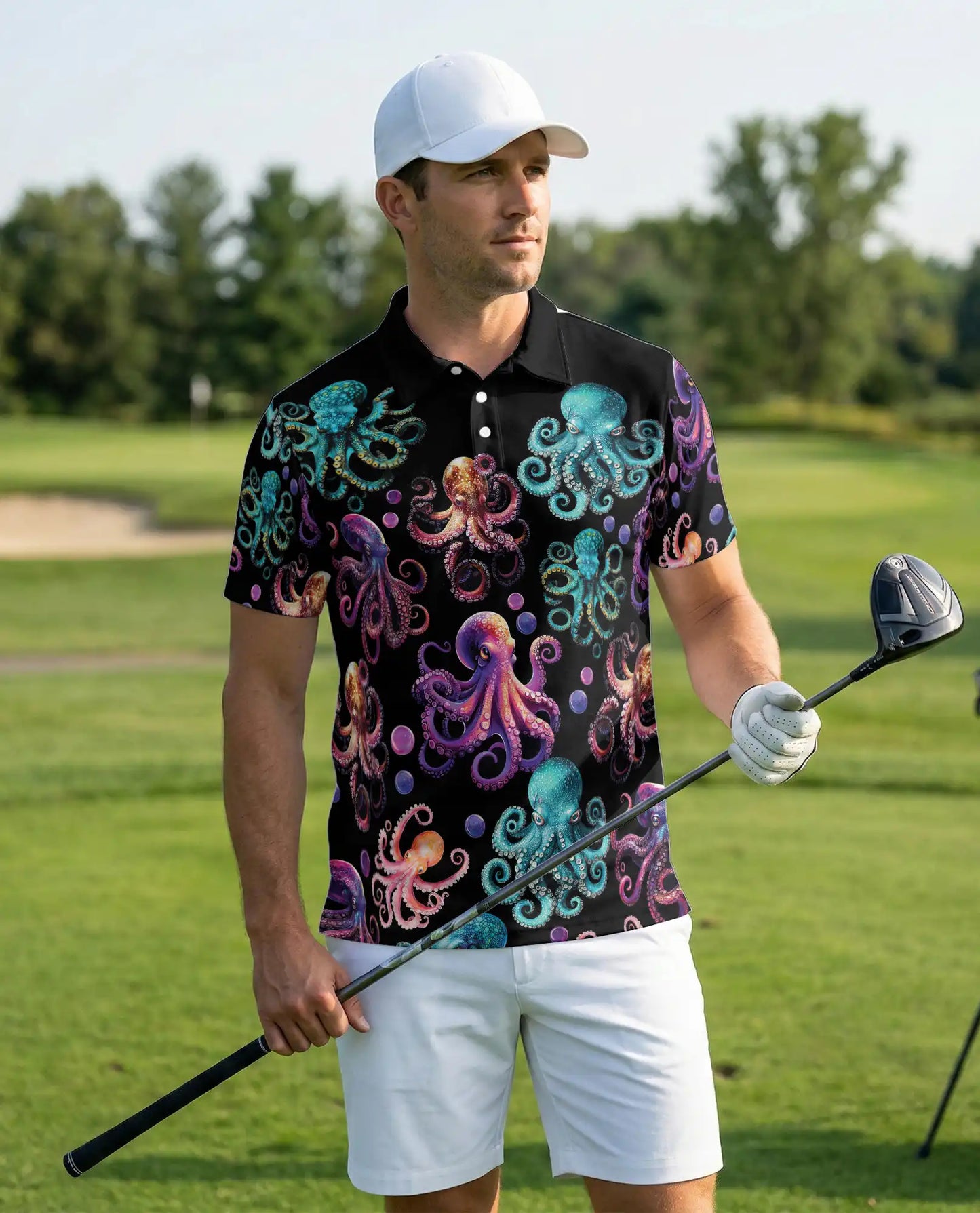 Colorful Octopus Ocean 3D Polo Shirt for Men, Neon Sea Creature Style | Azhawaiian