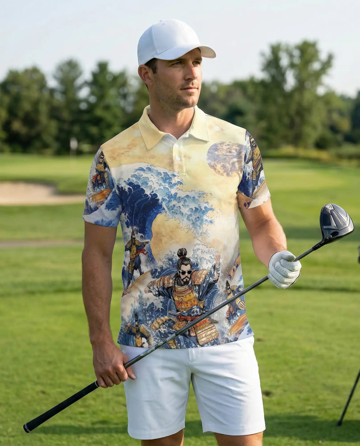 Japanese Samurai Wave 3D Polo Shirt for Men, Great Ocean Warrior Art Style | Azhawaiian