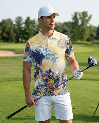 Japanese Samurai Wave 3D Polo Shirt for Men, Great Ocean Warrior Art Style | Azhawaiian
