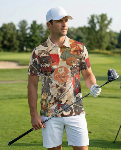 Samurai Cat 3D Polo Shirt for Men, Japanese Warrior Anime Style | Azhawaiian