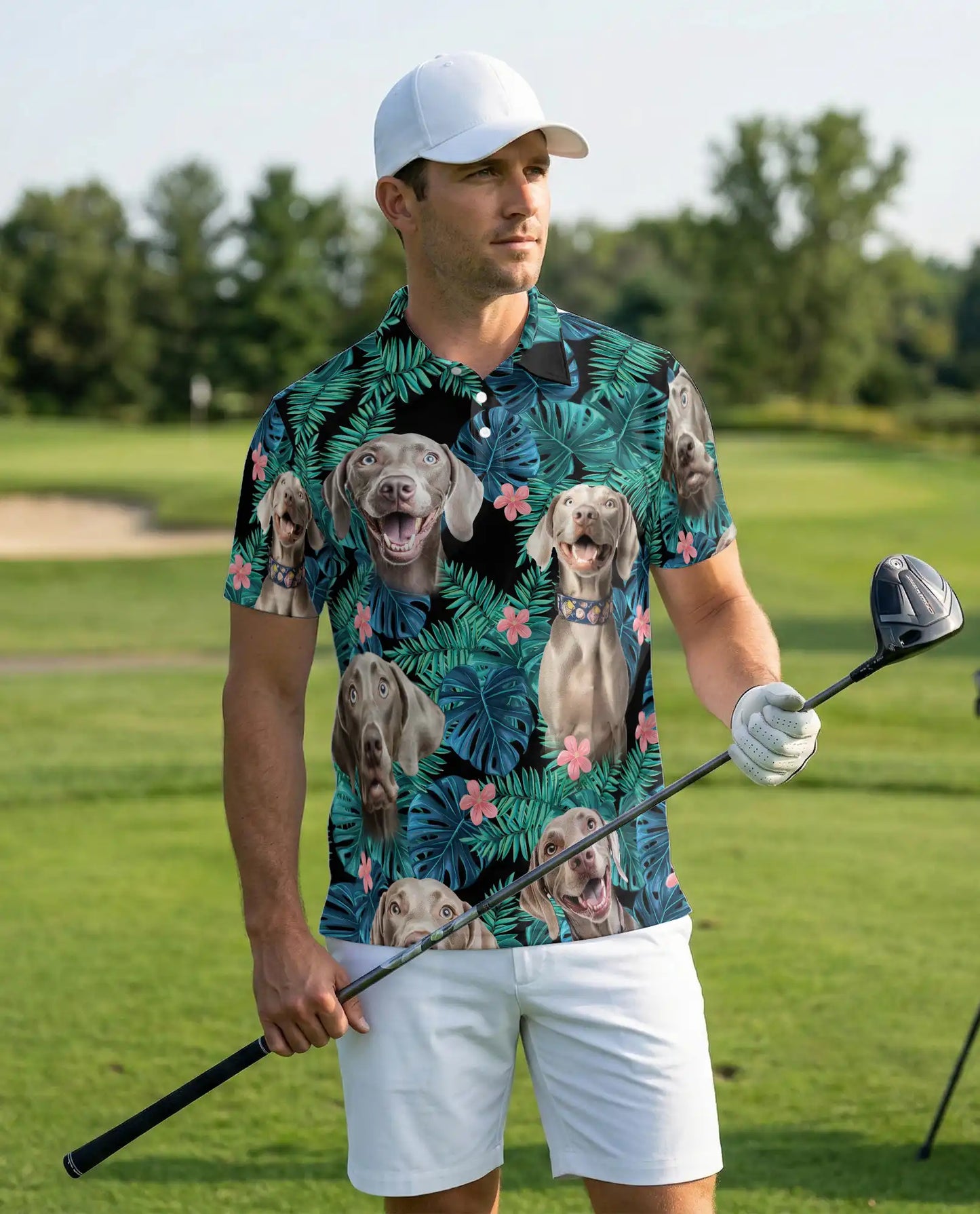 Weimaraner Tropical Polo Shirt, Jungle Leaf Print | Azhawaiian