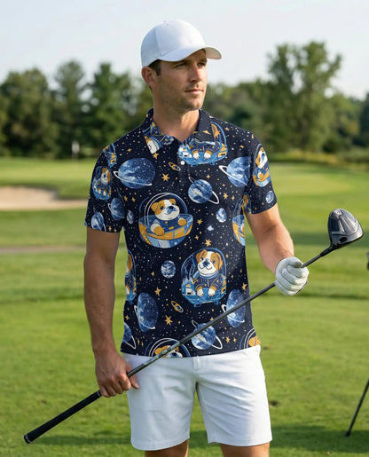 Cute Astronaut Dog 3D Polo Shirt for Men, Space Galaxy Cartoon Style | Azhawaiian