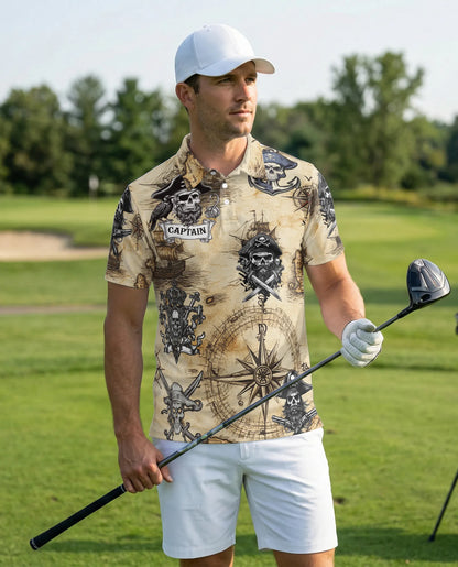 Pirate Captain 3D Polo Shirt for Men, Skull Compass Nautical Style | Azhawaiian