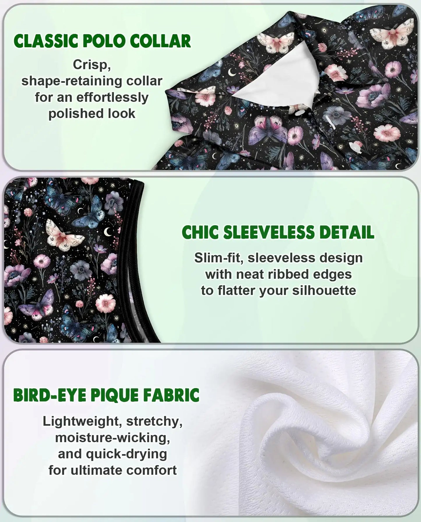 Dark Butterfly Floral Sleeveless Polo Shirt for Women, Elegant Nature Style | Azhawaiian