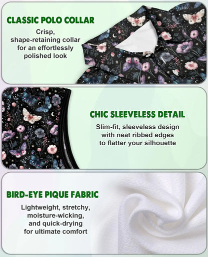 Dark Butterfly Floral Sleeveless Polo Shirt for Women, Elegant Nature Style | Azhawaiian