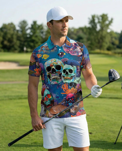 Ocean Skull 3D Polo Shirt for Men, Underwater Gothic Sea Style | Azhawaiian