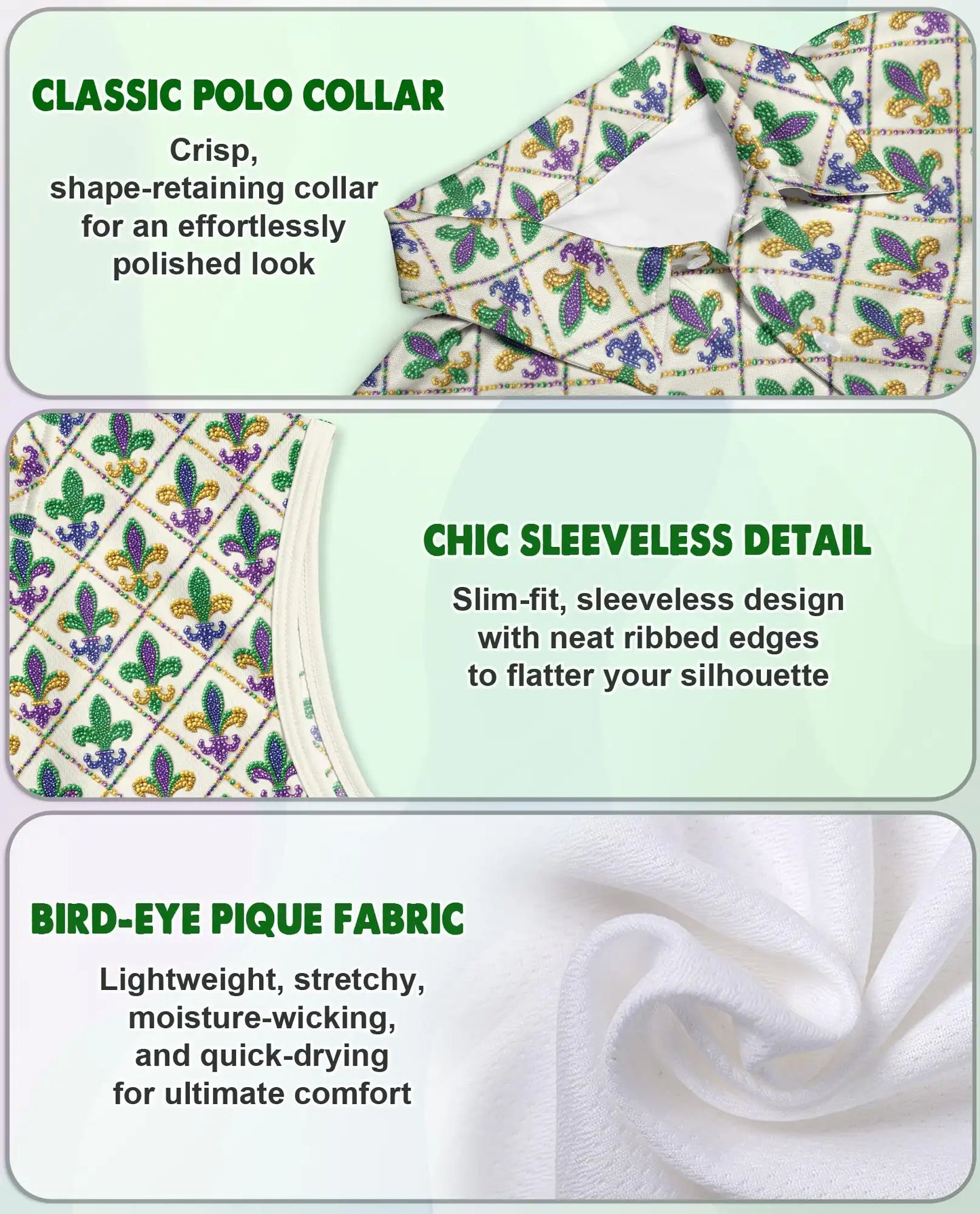 Mardi Gras Fleur de Lis Pattern Sleeveless Polo Shirt for Women | Azhawaiian