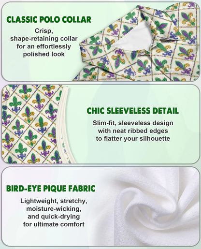 Mardi Gras Fleur de Lis Pattern Sleeveless Polo Shirt for Women | Azhawaiian
