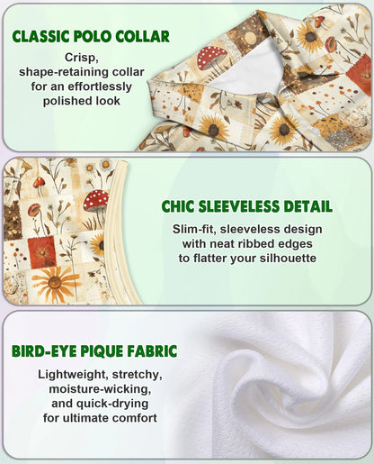Vintage Mushroom Pattern Sleeveless Polo Shirt for Women, Nature Retro Style | Azhawaiian