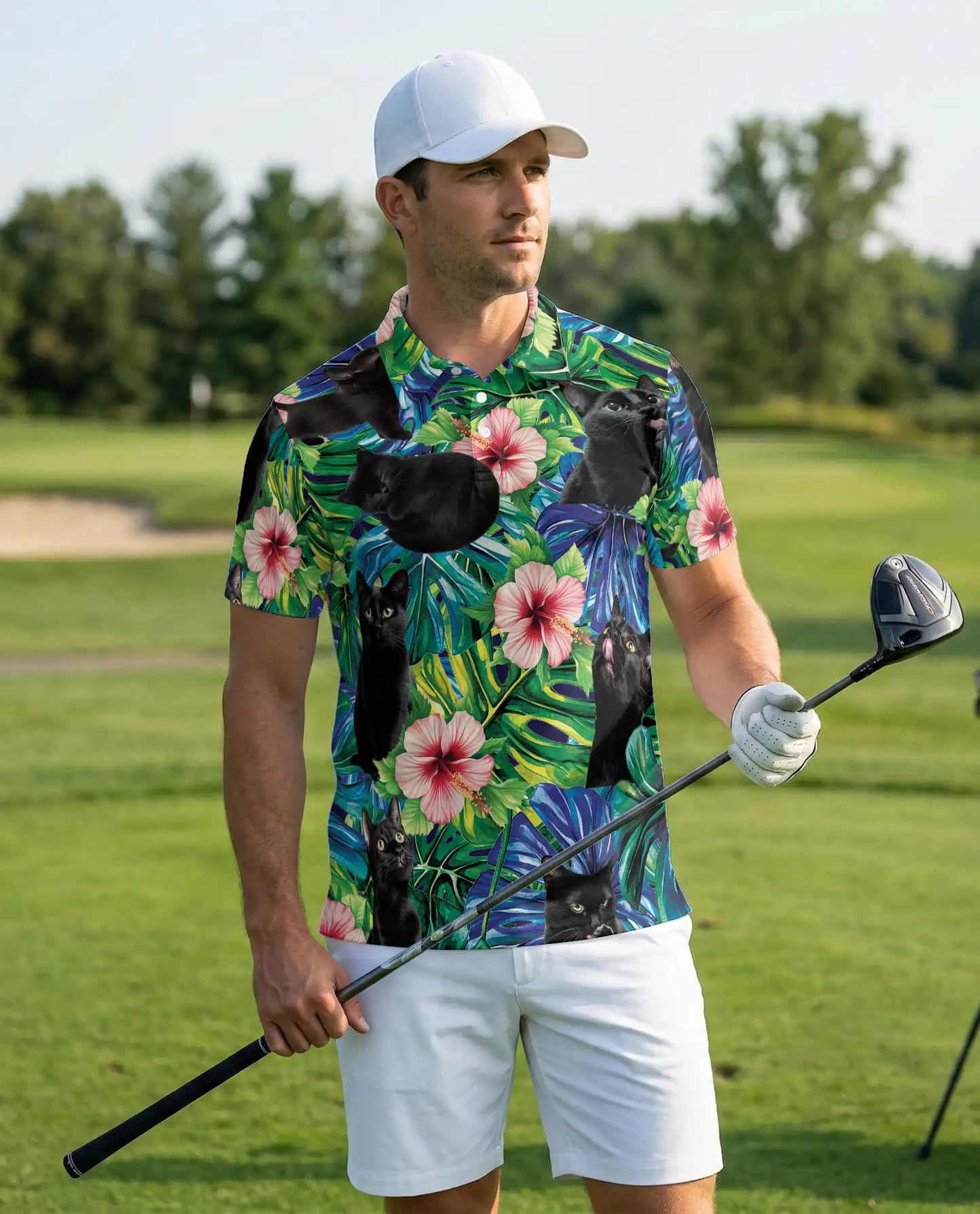 Black Cat Tropical Hibiscus 3D Polo Shirt for Men, Hawaiian Pet Lover Style | Azhawaiian