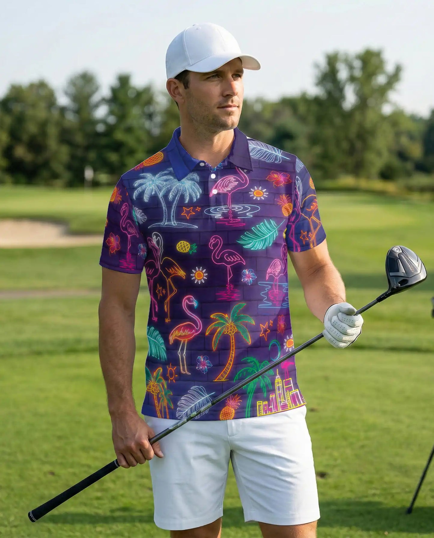 Neon Flamingo Polo Shirt, Tropical Night Print | Azhawaiian