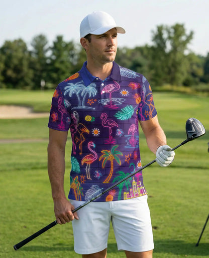 Neon Flamingo Polo Shirt, Tropical Night Print | Azhawaiian