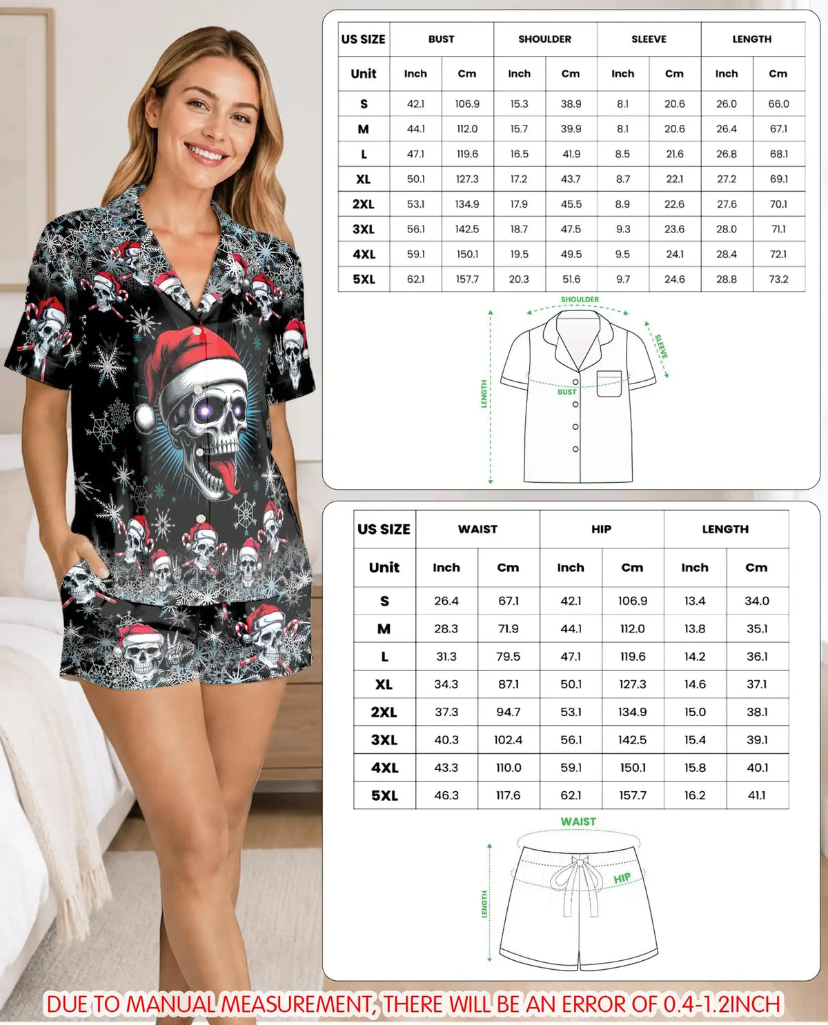 Christmas Skull Pajama Set for Women, Santa Skull Holiday Sleepwear with Winter Design