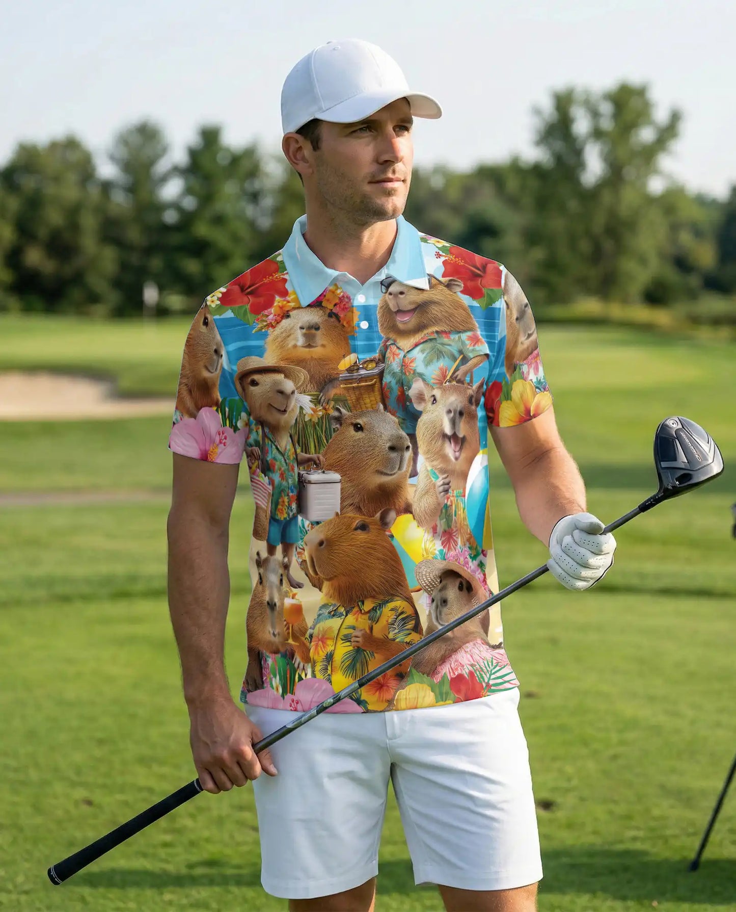 Capybara Tropical 3D Polo Shirt for Men, Funny Summer Animal Style | Azhawaiian