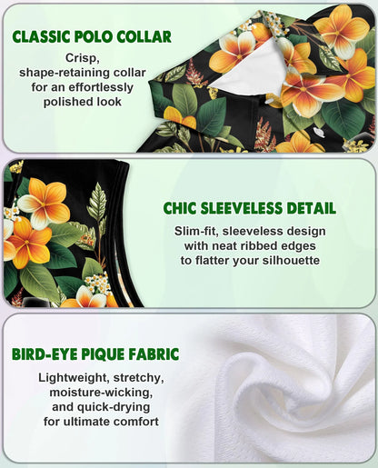 Wine Plumeria Floral Sleeveless Polo Shirt for Women, Tropical Elegant Style | Azhawaiian