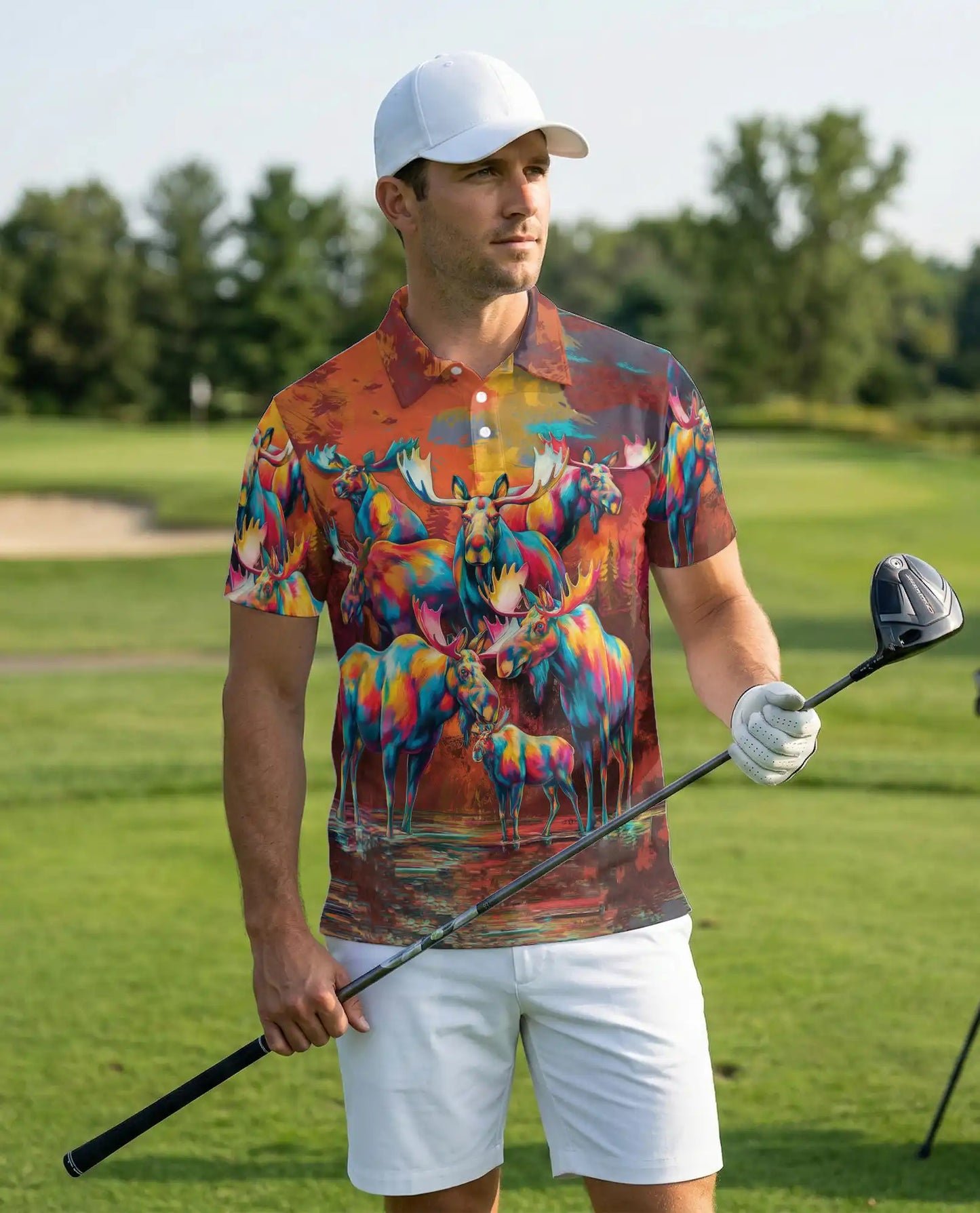 Colorful Moose Polo Shirt, Artistic Wildlife Style | Azhawaiian