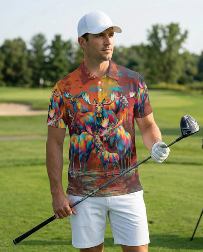 Colorful Moose Polo Shirt, Artistic Wildlife Style | Azhawaiian