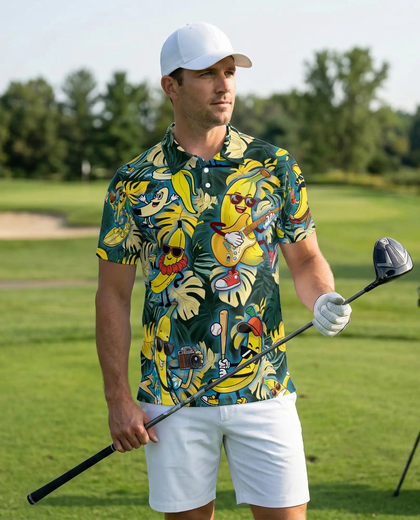 Tropical Banana Party-Polo Shirt Fun Cartoon Fruit Print | Azhawaiian