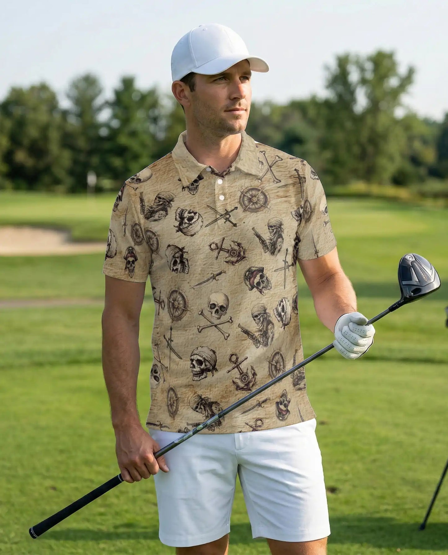 Vintage Pirate Skull 3D Polo Shirt for Men, Nautical Buccaneer Style | Azhawaiian
