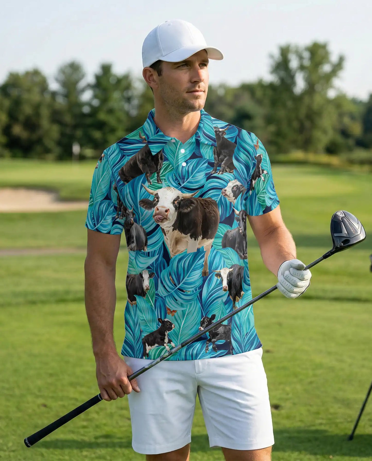 Cow Tropical 3D Polo Shirt for Men, Funny Farm Animal Leaf Style | Azhawaiian