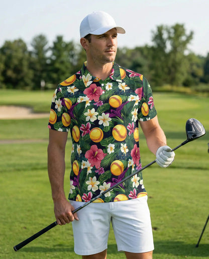 Softball Tropical Polo Shirt for Men- Floral Softball Pattern | Azhawaiian