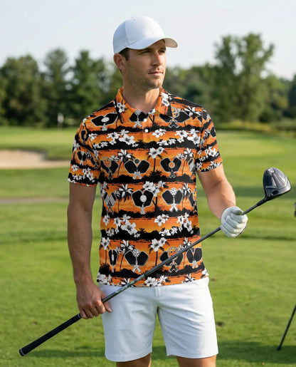 Pickleball Tropical 3D Polo Shirt for Men, Sunset Island Sports Style | Azhawaiian