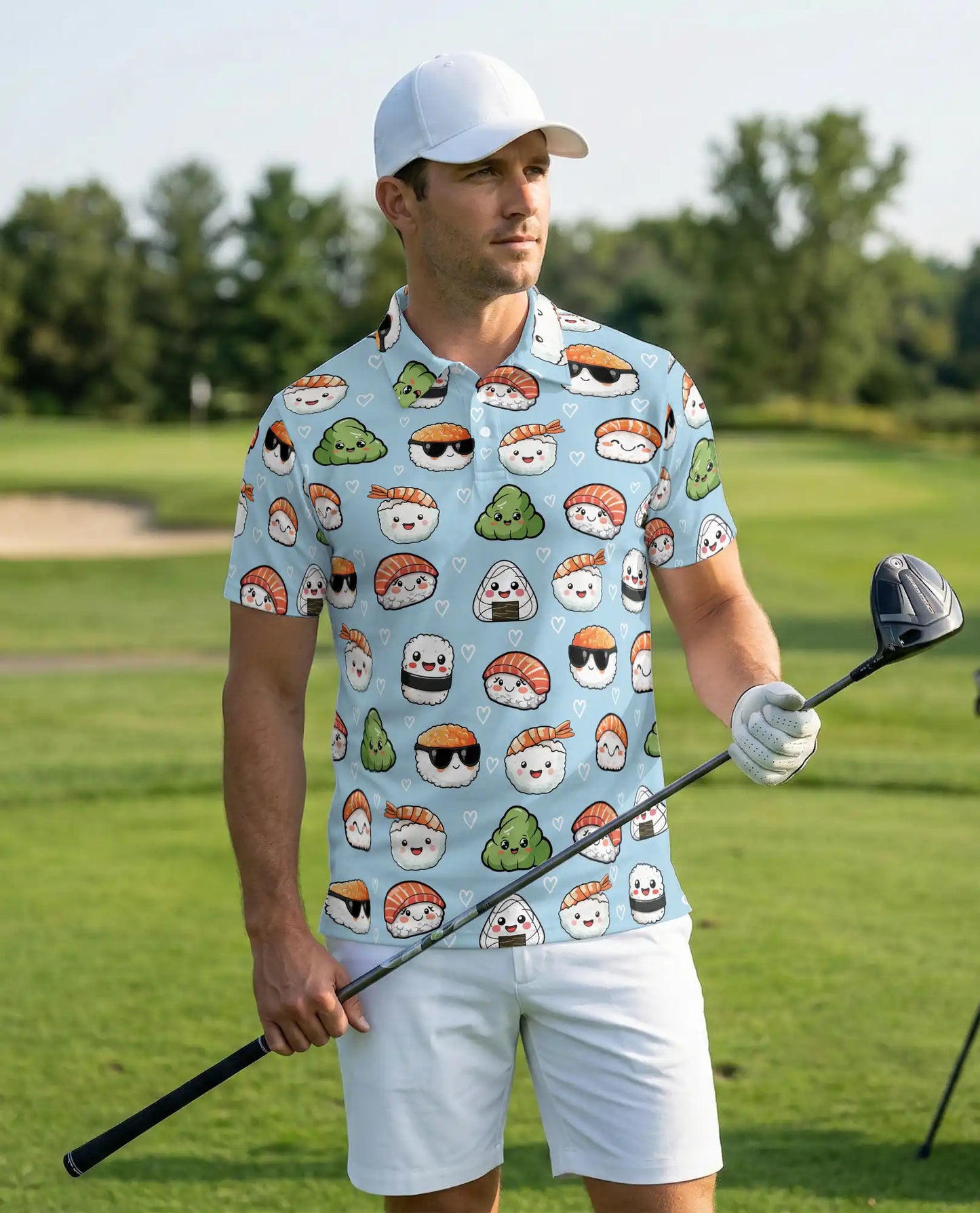 Cute Sushi Polo Shirt, Kawaii Food Print | Azhawaiian