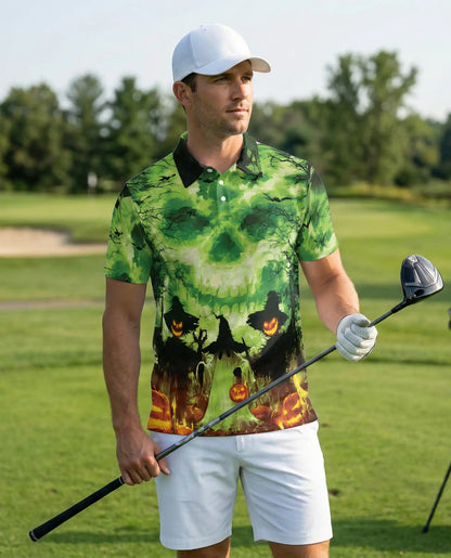 Halloween Skull Glow Polo Shirt, Spooky Pumpkin Night | Azhawaiian