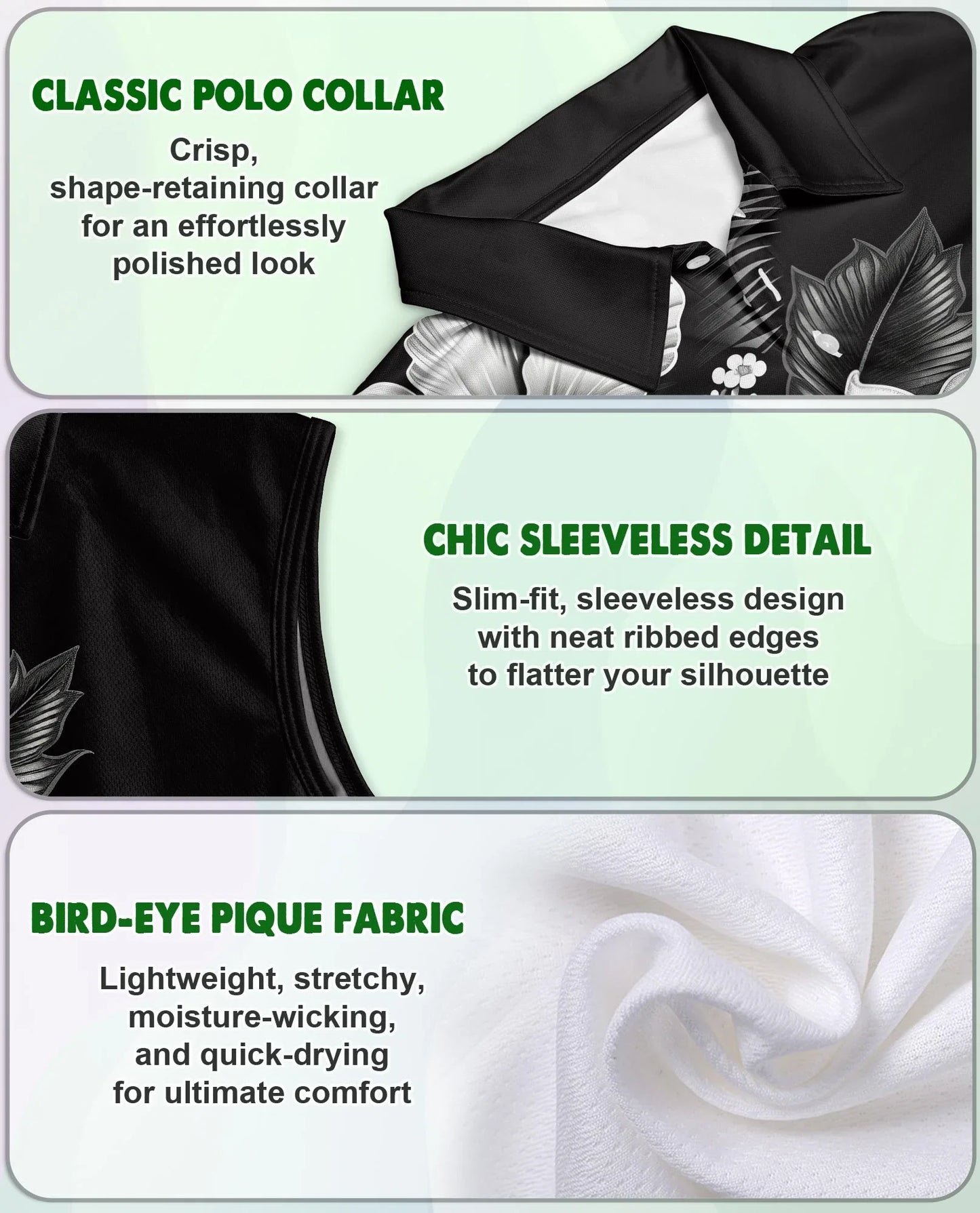 Black And White Hibiscus Sleeveless Polo Shirt for Women, Tropical Floral Style | Azhawaiian