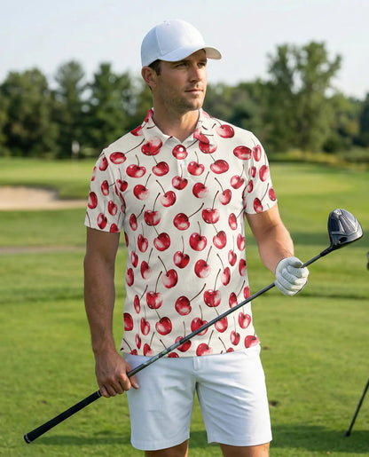 Cherry Print Polo Shirt, Cute Fruit Summer Style | Azhawaiian