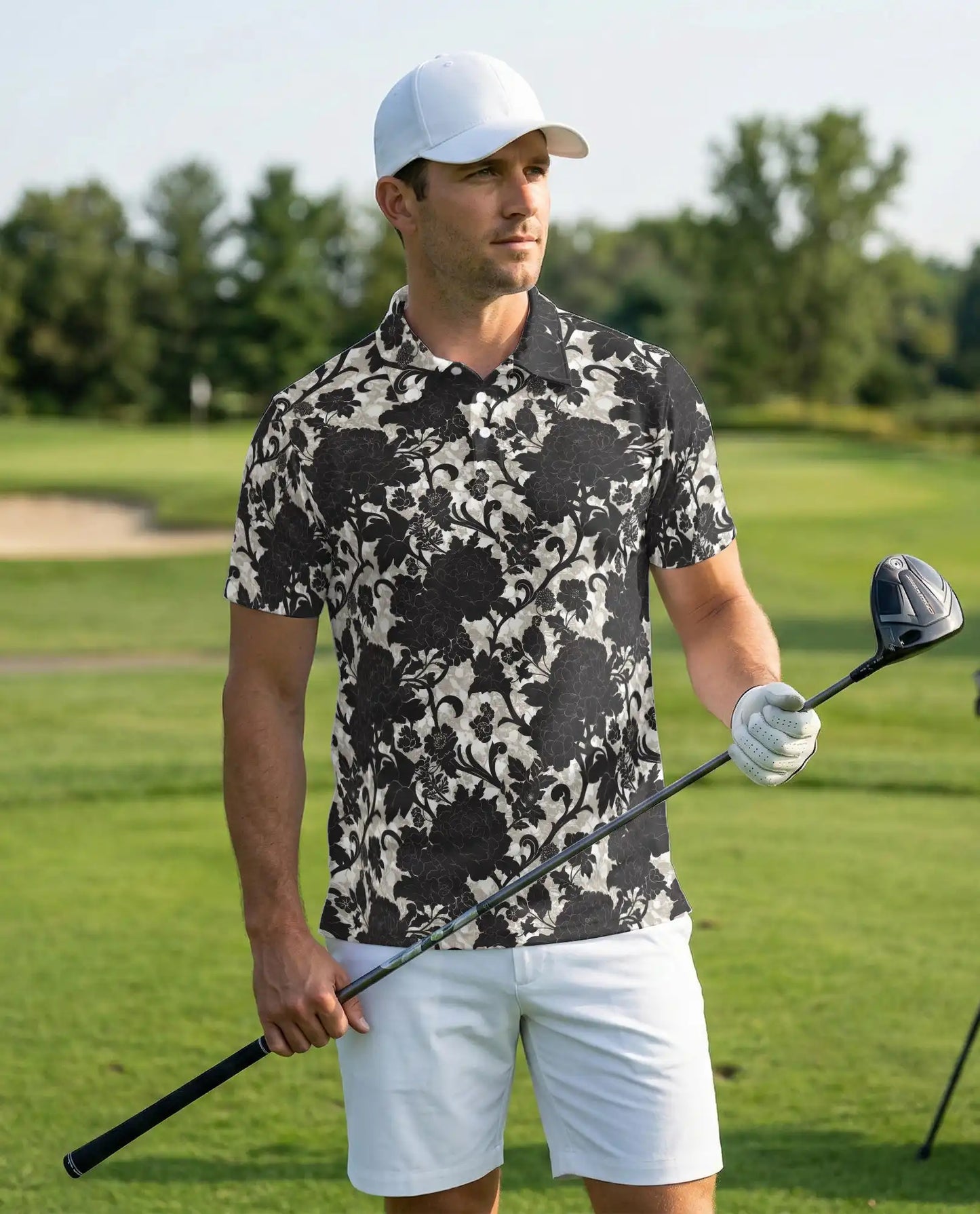 Black White Floral Damask Polo Shirt for Men- Vintage Flower Pattern | Azhawaiian