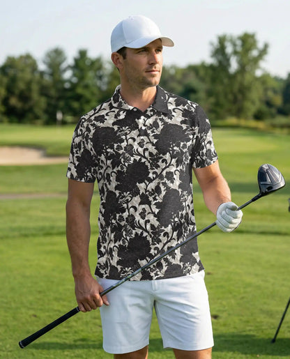 Black White Floral Damask Polo Shirt for Men- Vintage Flower Pattern | Azhawaiian