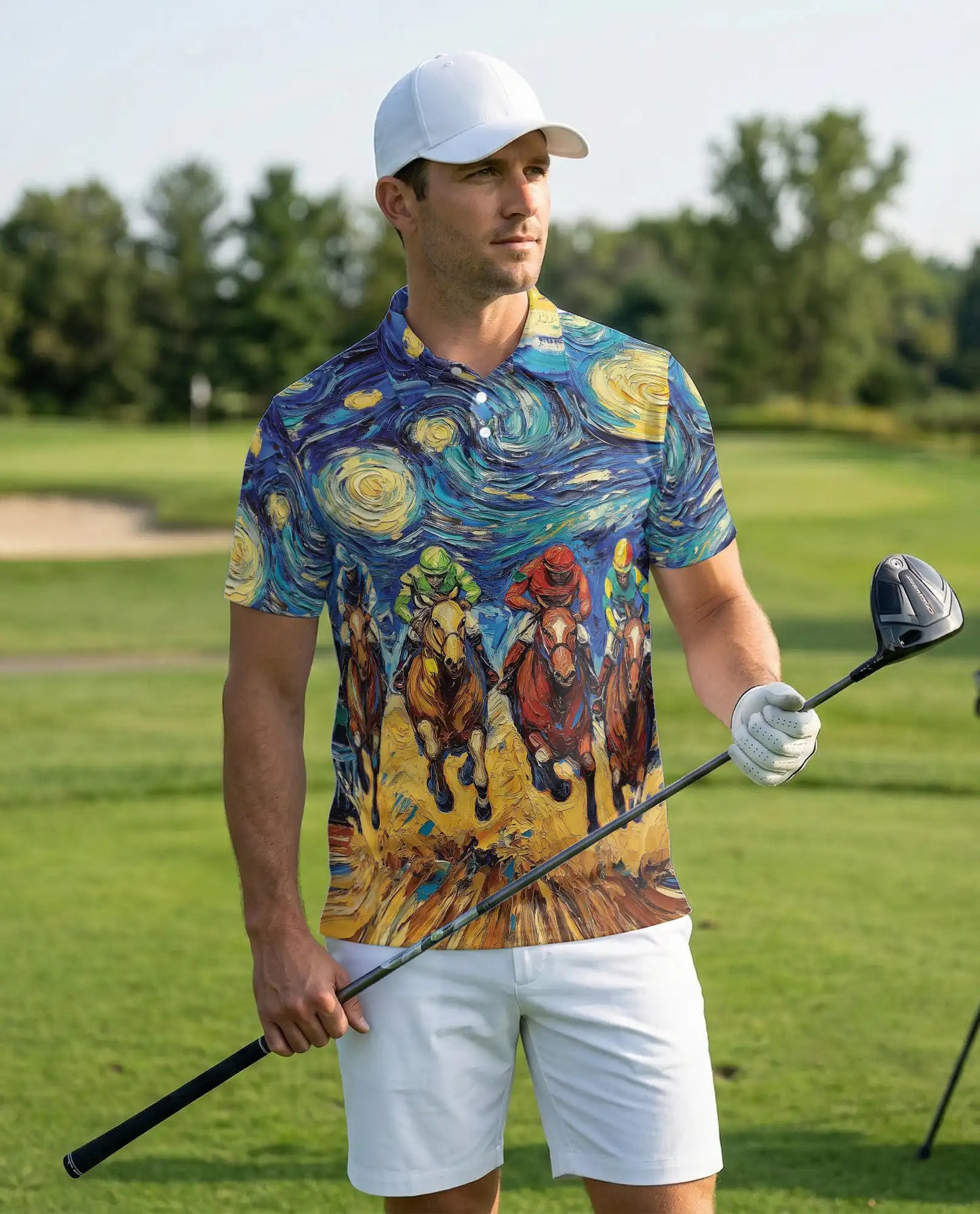 Starry Night Horse Racing 3D Polo Shirt for Men, Artistic Jockey Derby Style | Azhawaiian
