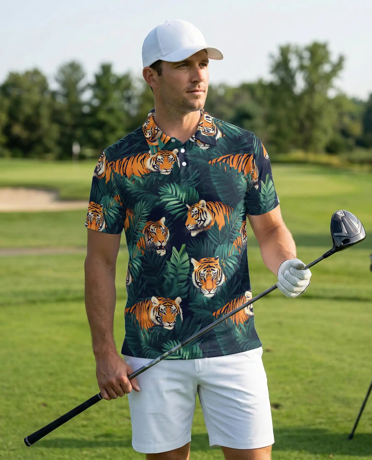 Tiger Jungle 3D Polo Shirt for Men, Wild Animal Tropical Leaf Style | Azhawaiian