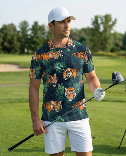 Tiger Jungle 3D Polo Shirt for Men, Wild Animal Tropical Leaf Style | Azhawaiian
