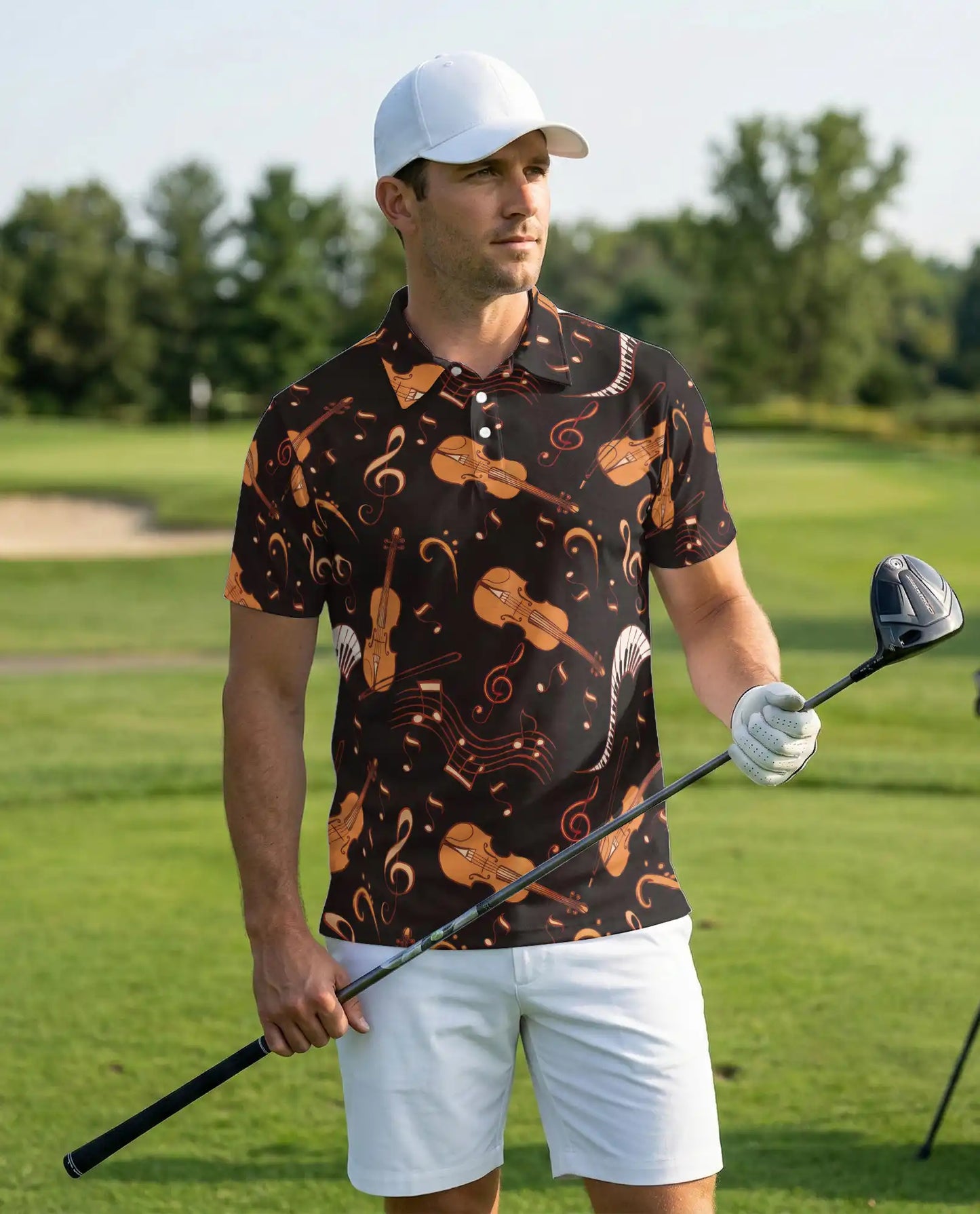 Violin Music Notes 3D Polo Shirt for Men, Classical Orchestra Style | Azhawaiian