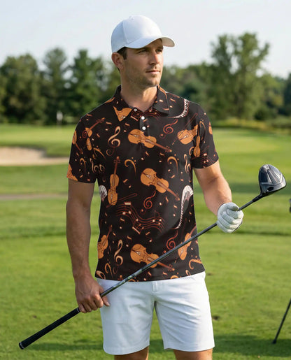 Violin Music Notes 3D Polo Shirt for Men, Classical Orchestra Style | Azhawaiian