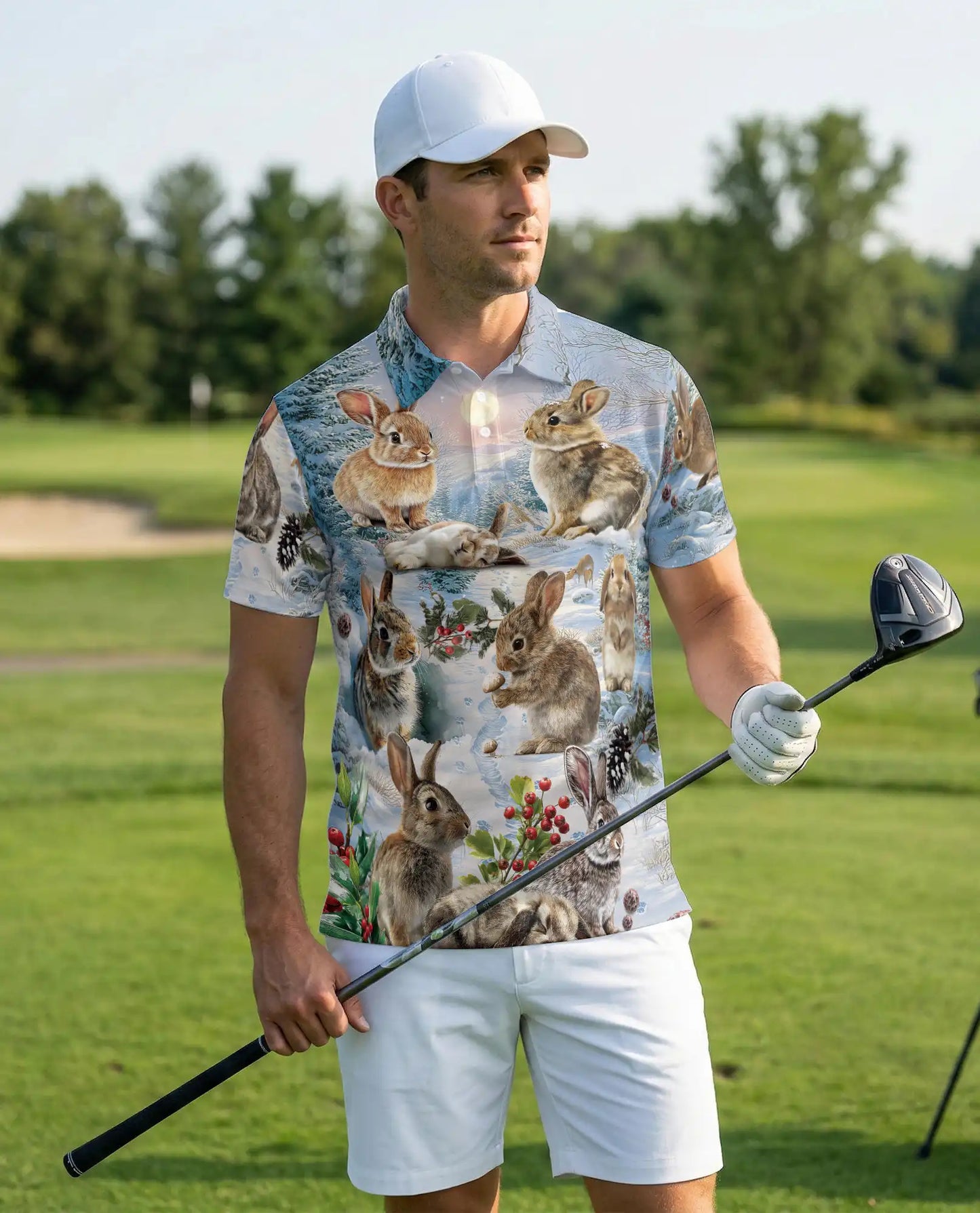 Winter Rabbit Polo Shirt, Snow Bunny Woodland Print | Azhawaiian