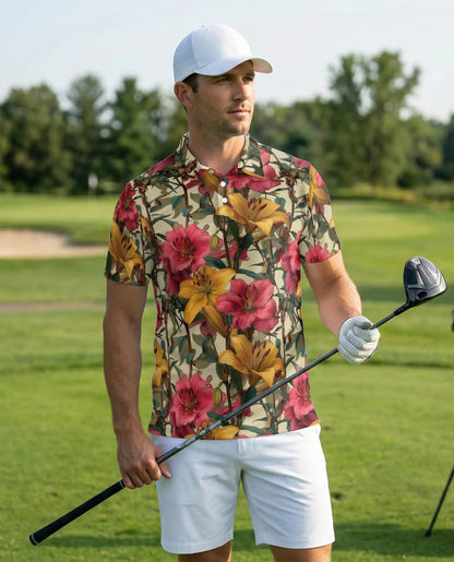 Vintage Lily Garden Floral Polo Shirt-Botanical Flower Pattern Design | Azhawaiian
