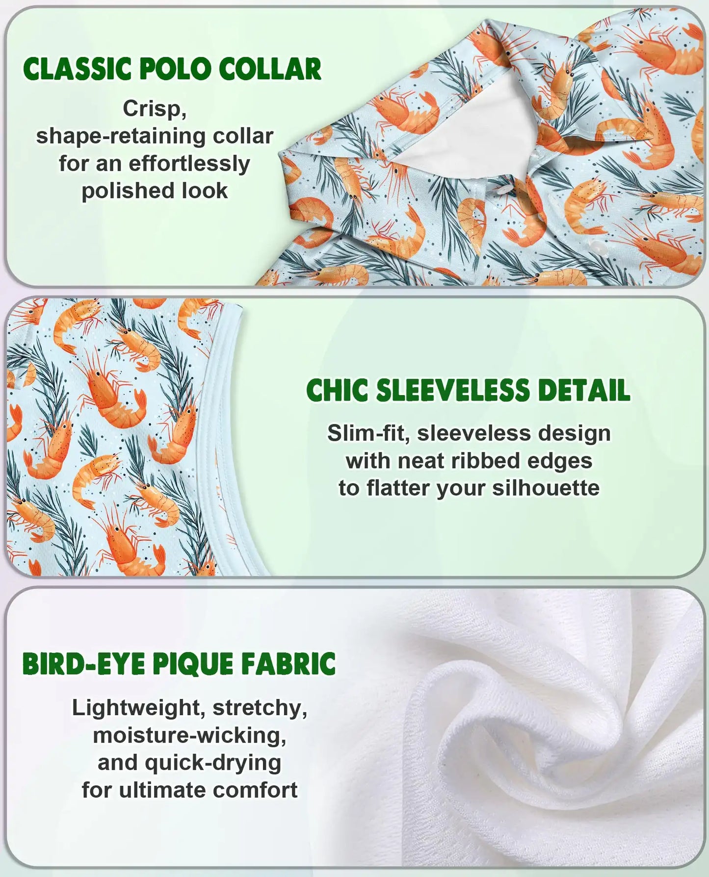 Prawn Pattern Sleeveless Polo Shirt for Women, Ocean Food Lover Style | Azhawaiian