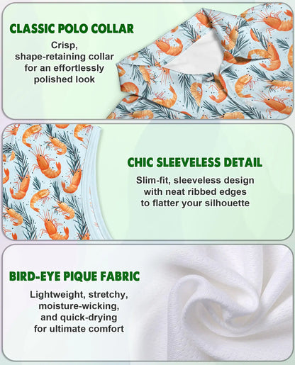 Prawn Pattern Sleeveless Polo Shirt for Women, Ocean Food Lover Style | Azhawaiian