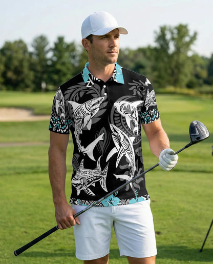 Tribal Shark Polo Shirt, Polynesian Ocean Art Design | Azhawaiian