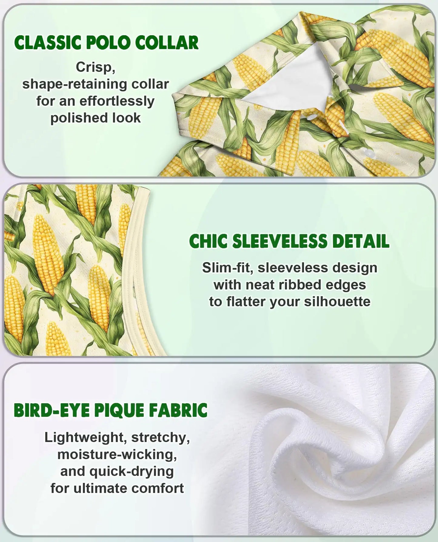 Sweet Corn Pattern Sleeveless Polo Shirt for Women, Cute Food Lover Style | Azhawaiian