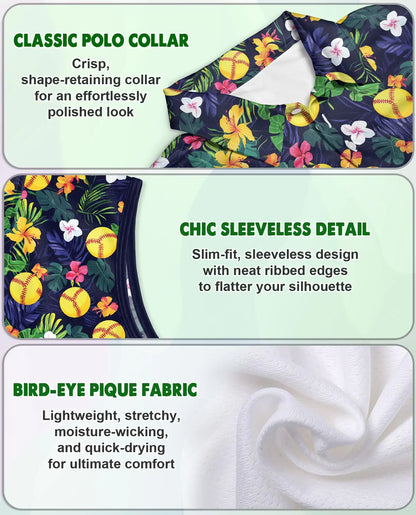 Softball Simple Floral Sleeveless Polo Shirt for Women, Sporty Flower Style | Azhawaiian