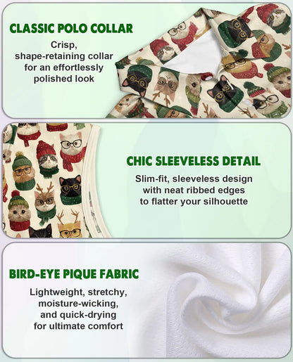 Christmas Cat Pattern Sleeveless Polo Shirt for Women | Azhawaiian