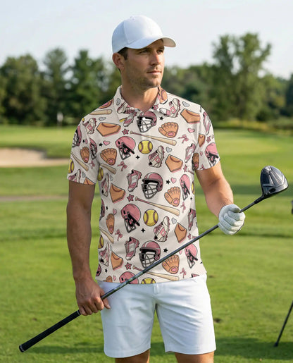 Pink Softball Polo Shirt for Men- Softball Fastpitch Pattern | Azhawaiian