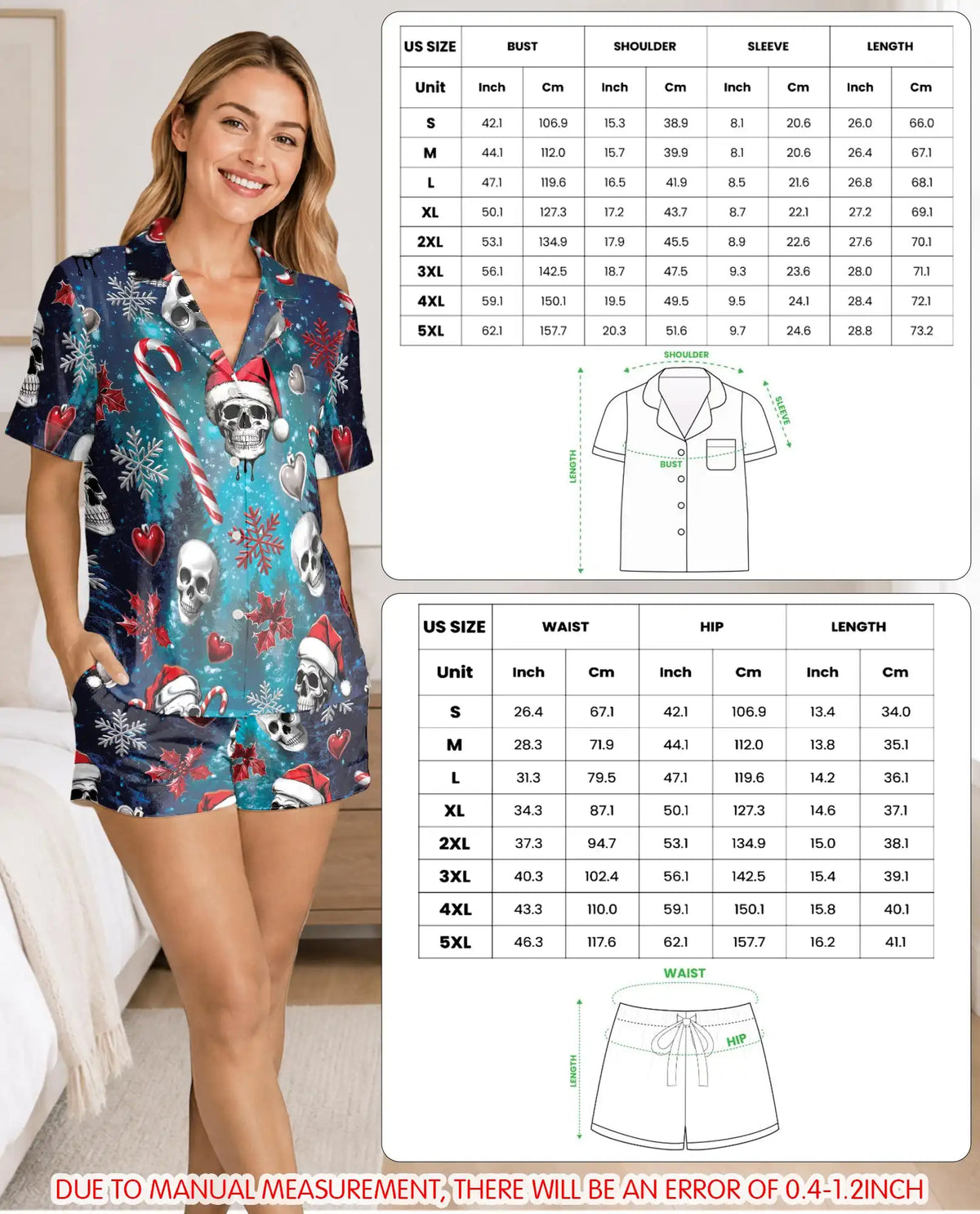 Gothic Christmas Skull Pajama Set for Women – Santa Hat Print