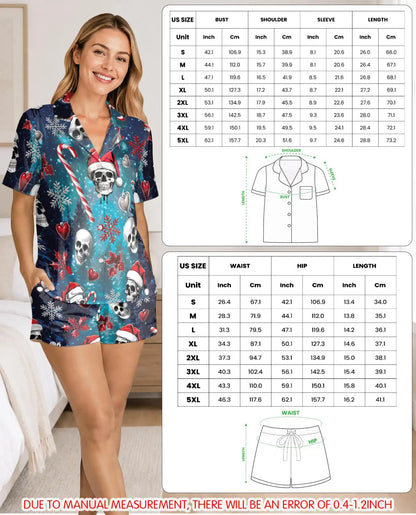 Gothic Christmas Skull Pajama Set for Women – Santa Hat Print