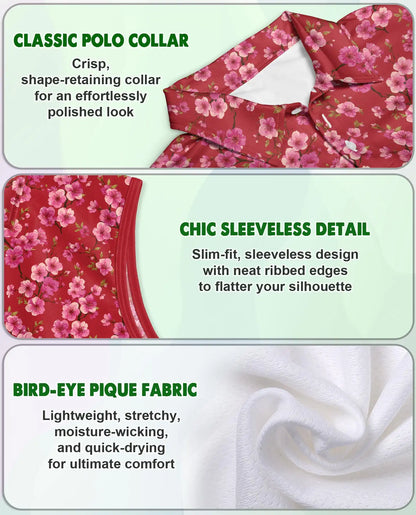 Red Cherry Blossom Sleeveless Polo Shirt for Women  | Azhawaiian